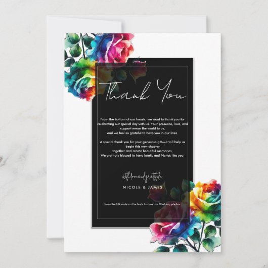 Invitation Roses arc-en-ciel noir blanc vibrant Merci floral (Devant)