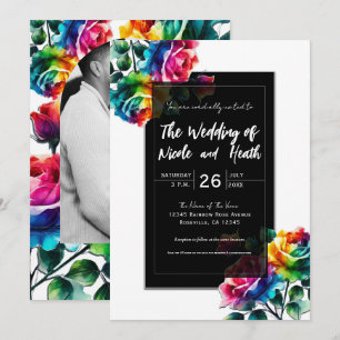 Invitation Roses arc-en-ciel noires et blanches Mariage flora