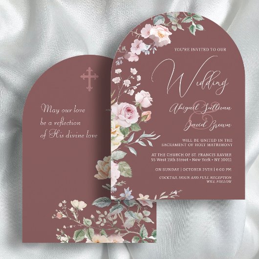 Invitation Roses Arch on Burgundy Catholic Wedding