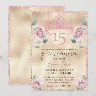 Invitation Roses avec Diadème Pailleté sur Quinceañera Or