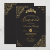 Invitation Roses Black & Gold Elegant Quinceañera (Devant / Derrière)