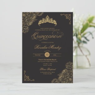 Invitation Roses Black & Gold Elegant Quinceañera
