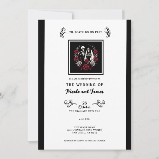 Invitation Roses blanc rouge et noir squelette Mariage couple (Devant)
