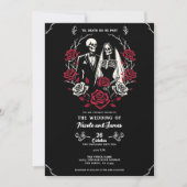Invitation Roses blanc rouge et noir squelette Mariage couple (Devant)