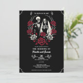 Invitation Roses blanc rouge et noir squelette Mariage couple (Debout devant)