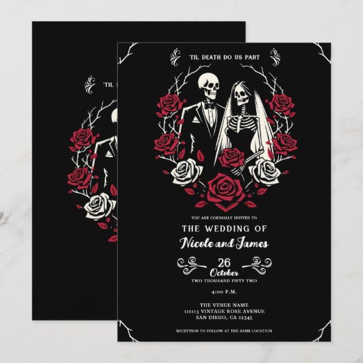 Invitation Roses blanc rouge et noir squelette Mariage couple (Devant / Derrière)