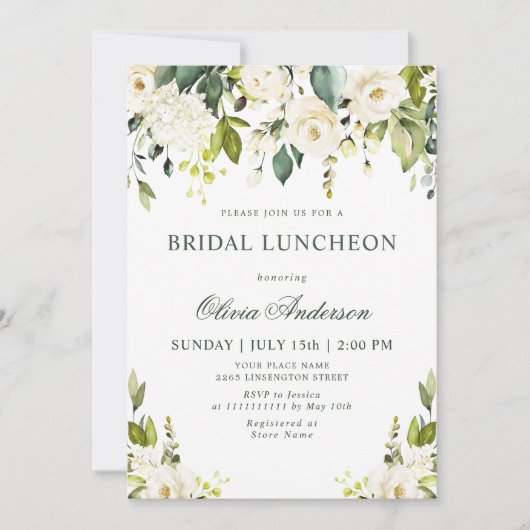 Invitation Roses blanches Aquarelle Florale BRIDAL LUNCHEON (Devant)