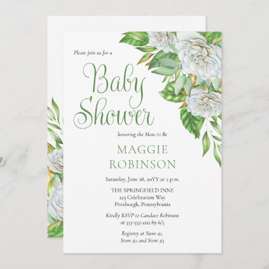 Invitation Roses blanches |Baby shower floral Boho vert fille (Devant / Derrière)