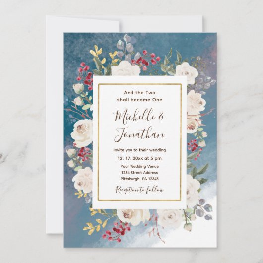 Invitation Roses blanches baies rouges sur mariage chrétien b (Devant)