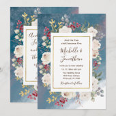 Invitation Roses blanches baies rouges sur mariage chrétien b (Devant / Derrière)