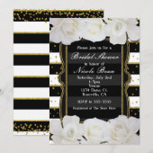 Invitation Roses blanches Bandes noires & Fête des mariées or (Devant / Derrière)