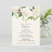 Invitation Roses blanches Baptême bébé et Brunch (Debout devant)