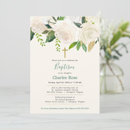 Invitation Roses blanches Baptême bébé et Brunch (Debout devant)