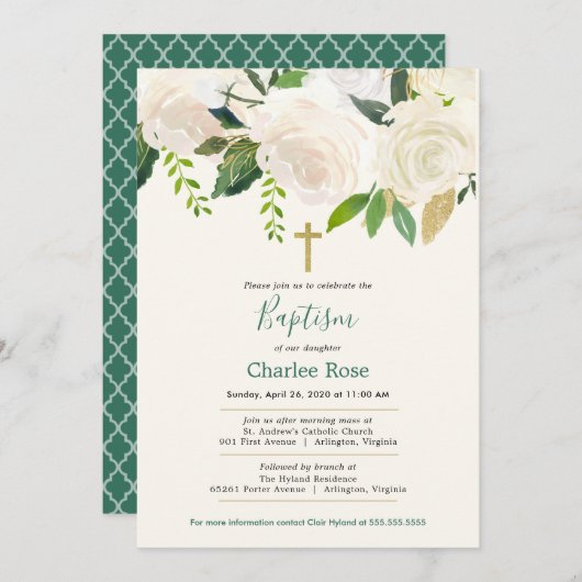 Invitation Roses blanches Baptême bébé et Brunch (Devant / Derrière)