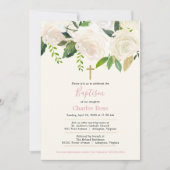 Invitation Roses blanches Baptême bébé et Brunch Rose & Vert (Devant)
