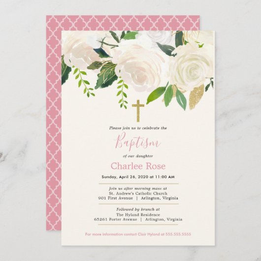 Invitation Roses blanches Baptême bébé et Brunch Rose & Vert (Devant / Derrière)