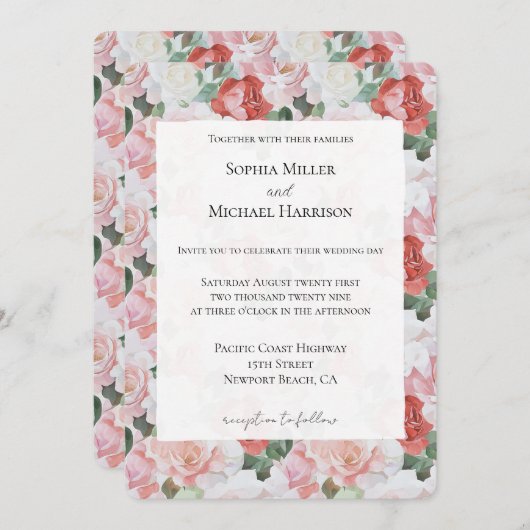 Invitation Roses blanches blanches rouges Mariage de fleurs (Devant / Derrière)