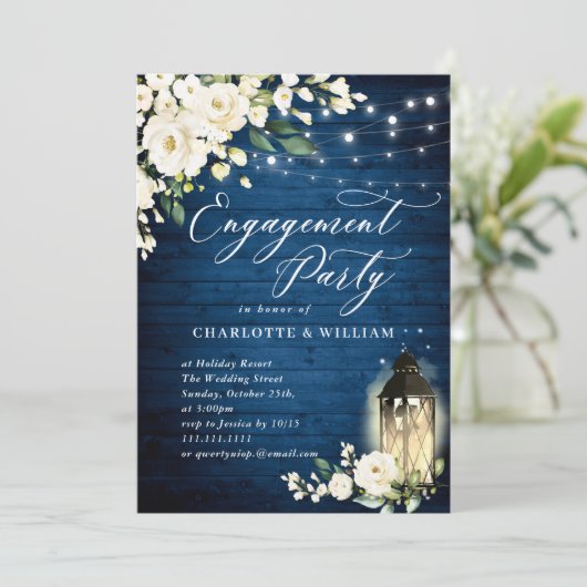 Invitation Roses blanches Bleu Bois Lanterne PARTICIPATION (Debout devant)