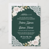 Invitation Roses blanches Broderie Émeraude Code QR Mariage M (Devant)