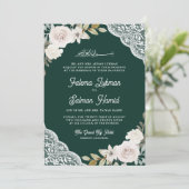 Invitation Roses blanches Broderie Émeraude Code QR Mariage M (Debout devant)