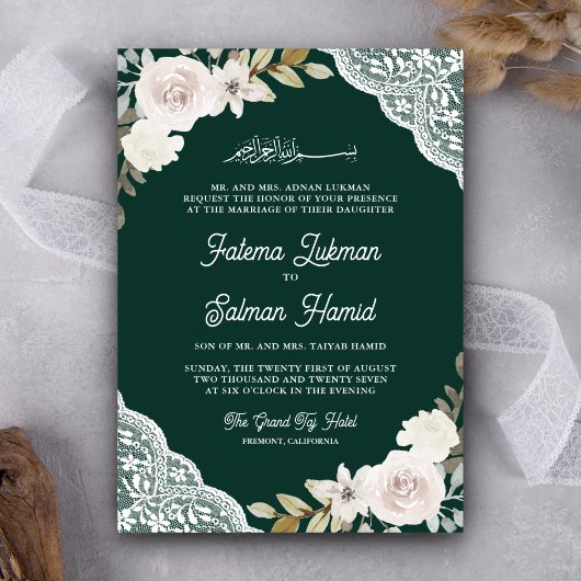 Invitation Roses blanches Broderie Émeraude Code QR Mariage M
