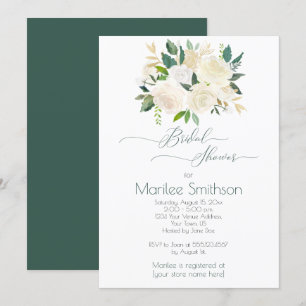 Invitation Roses blanches crème Feuilles vertes or Mariage