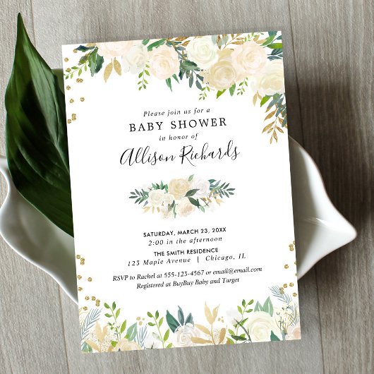 Invitation Roses blanches crème or élégant baby shower floral