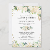 Invitation Roses blanches crème or élégant mariage floral (Devant)