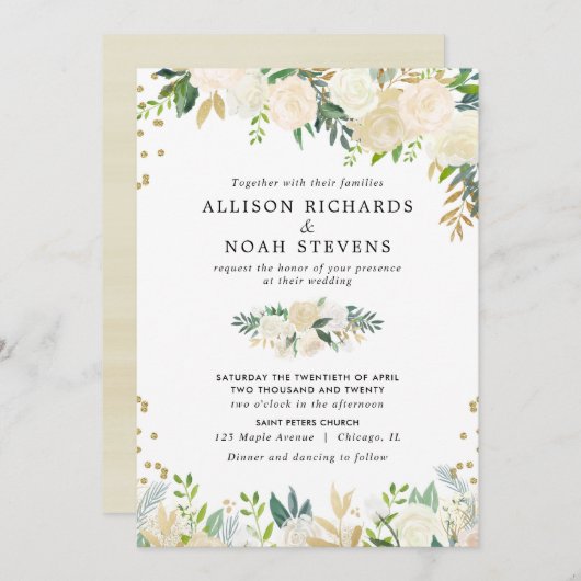 Invitation Roses blanches crème or élégant mariage floral (Devant / Derrière)