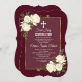Invitation Roses blanches de Bourgogne d'or Première communio (Devant / Derrière)