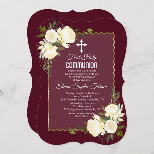 Invitation Roses blanches de Bourgogne d'or Première communio (Devant / Derrière)