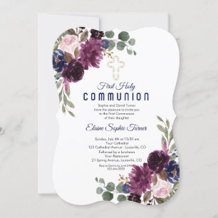 Invitation Roses blanches de Bourgogne d'or Première communio