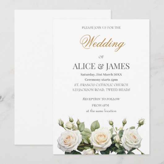 Invitation Roses blanches de mariage (Devant / Derrière)