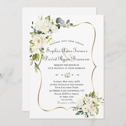 Invitation Roses blanches délicates Hydrangea Mariage or (Devant / Derrière)