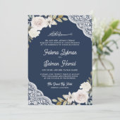 Invitation Roses blanches dentelle bleu marine Code QR mariag (Debout devant)