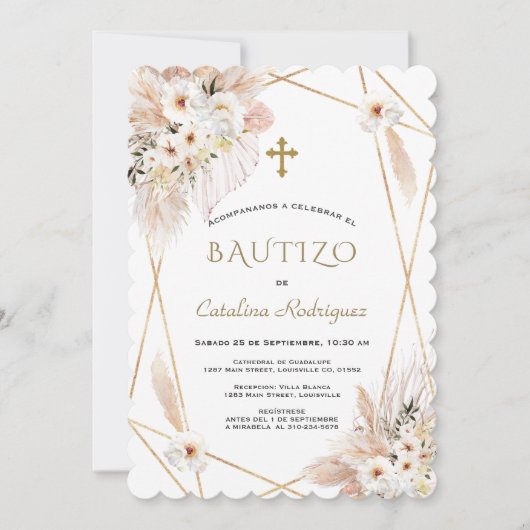 Invitation Roses blanches du désert Pampas Grass Baptême (Devant)