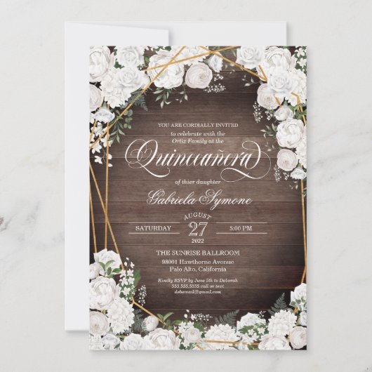 Invitation Roses blanches Elégant Bois rustique Floral Quince (Devant)