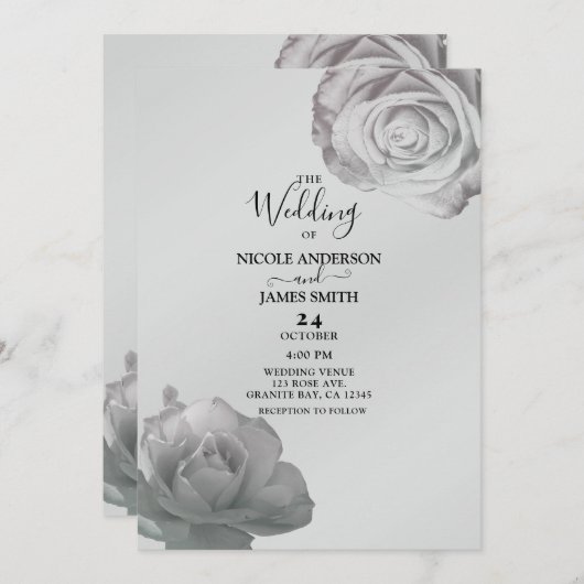 Invitation Roses blanches Elégant Floral Mariage gris argent (Devant / Derrière)