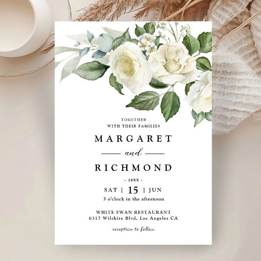 Invitation Roses blanches Elégante aquarelle Mariage floral