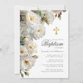Invitation Roses blanches élégantes avec Baptême croix d'or (Devant)