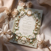 Invitation Roses blanches élégantes avec Or Faux