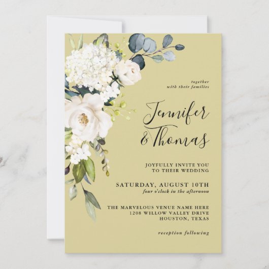 Invitation Roses blanches élégantes et Hydrangées sur or (Devant)