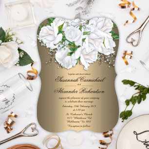 Invitation Roses blanches élégantes et Mariage floral en bron