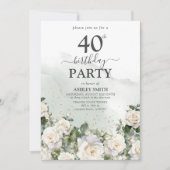 Invitation Roses blanches élégantes et verdure 40e anniversai (Devant)