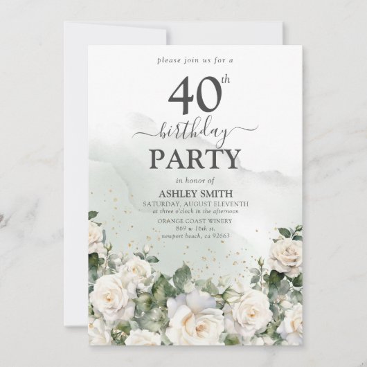 Invitation Roses blanches élégantes et verdure 40e anniversai (Devant)