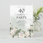 Invitation Roses blanches élégantes et verdure 40e anniversai (Debout devant)