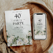 Invitation Roses blanches élégantes et verdure 40e anniversai