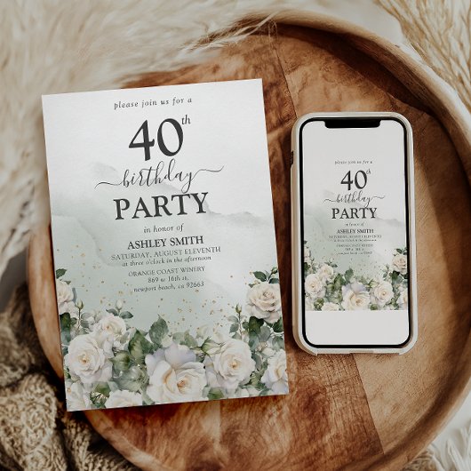 Invitation Roses blanches élégantes et verdure 40e anniversai