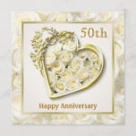 Invitation Roses blanches et coeur 50e anniversaire du Mariag<br><div class="desc">Roses blanches dans un coeur doré orné de tourbillons fleuris.</div>