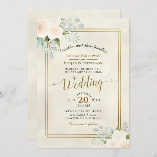 Invitation Roses blanches et Eucalyptus Boho Mariage d'aquare (Devant / Derrière)